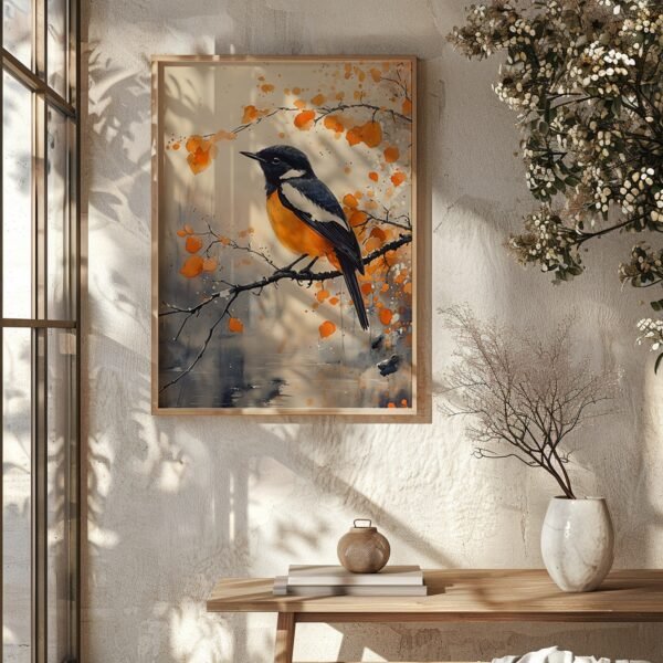 Framed Japandi Nature Art of a bird with orange and black plumage perched on a branch, set against autumn foliage. Hung on a textured wall near a sunlit window, with a wooden table and vase nearby.