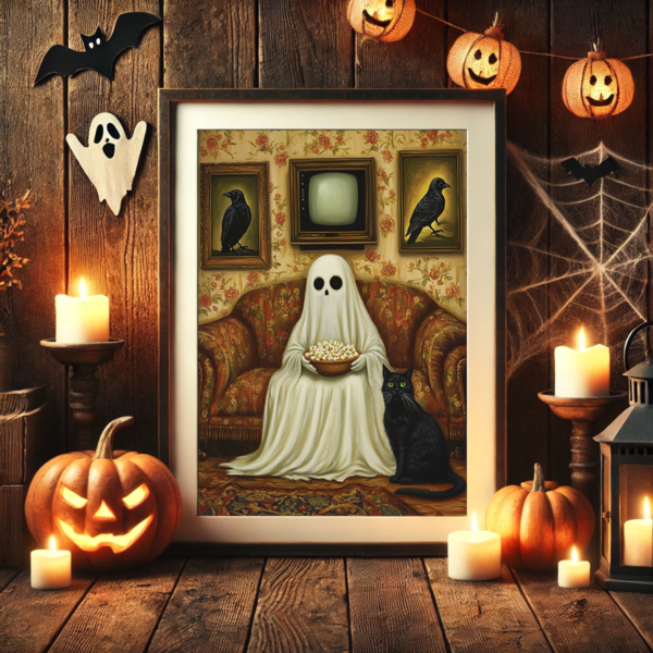 In this Funny Ghost Art piece, a ghost holding popcorn relaxes on a vintage floral couch. Candles illuminate the scene, creating a cozy Halloween setting, and a black cat adds a spooky touch.