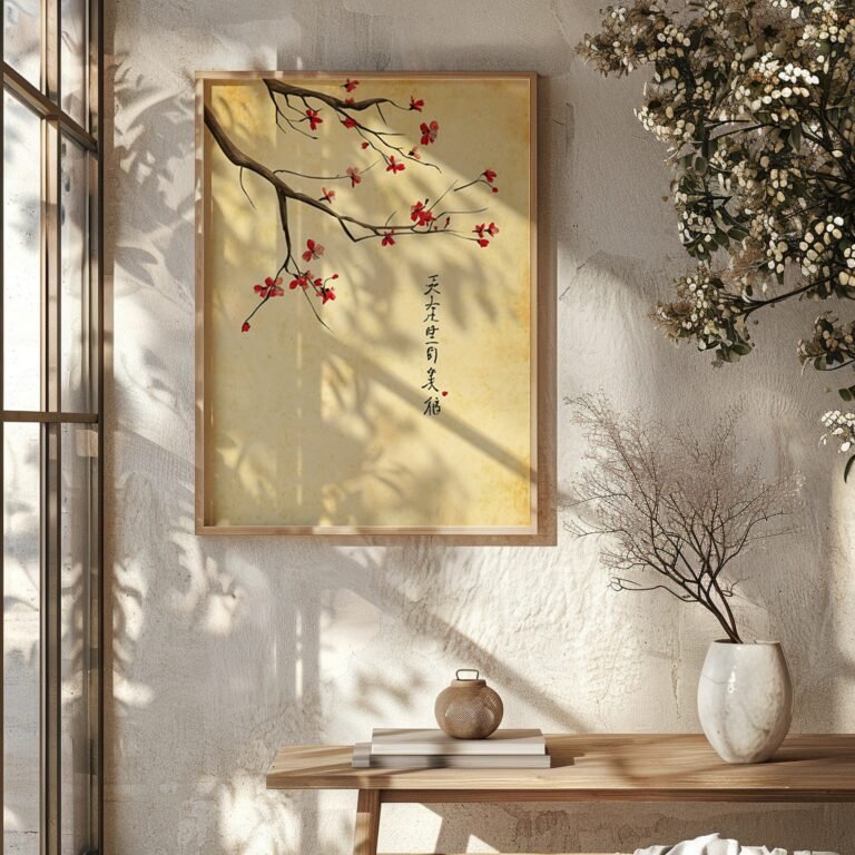 Framed artwork of red flowers on branches with Asian script, hung on a textured wall with soft sunlight casting shadows beside a vase of delicate branches.