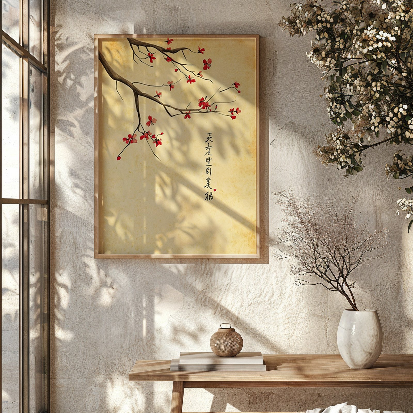Framed artwork of red flowers on branches with Asian script, hung on a textured wall with soft sunlight casting shadows beside a vase of delicate branches.
