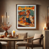 Retro Halloween Poster in a cozy diner featuring pancakes and pumpkin decorations on the walls. Warm red and orange tones set a nostalgic, inviting atmosphere.