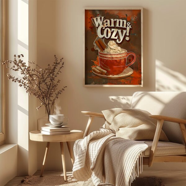 Sunlit room with a framed Retro Hot Chocolate Poster above a beige armchair and blanket. A steaming cup sits on a wooden side table.