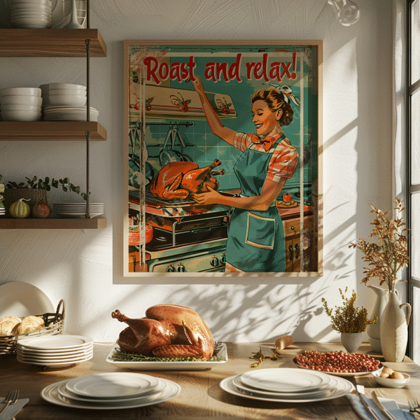 Retro Turkey Dinner Poster of a cheerful woman in an apron holding a roasted turkey, with the caption “Roast and relax!” A real turkey rests on a sunlit table in the foreground.