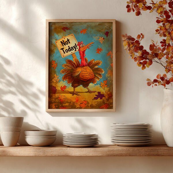 Framed Funny Retro Turkey Poster of a cartoon turkey holding a "Not Today!" sign, surrounded by autumn leaves, set on a shelf with dishes and a vase of fall foliage.