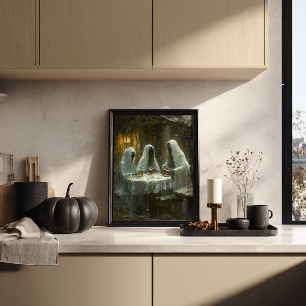 Cozy kitchen with neutral tones and minimalist decor, featuring framed Funny Halloween Ghost Art of three ghosts at a table. A black pumpkin adds a Halloween touch.