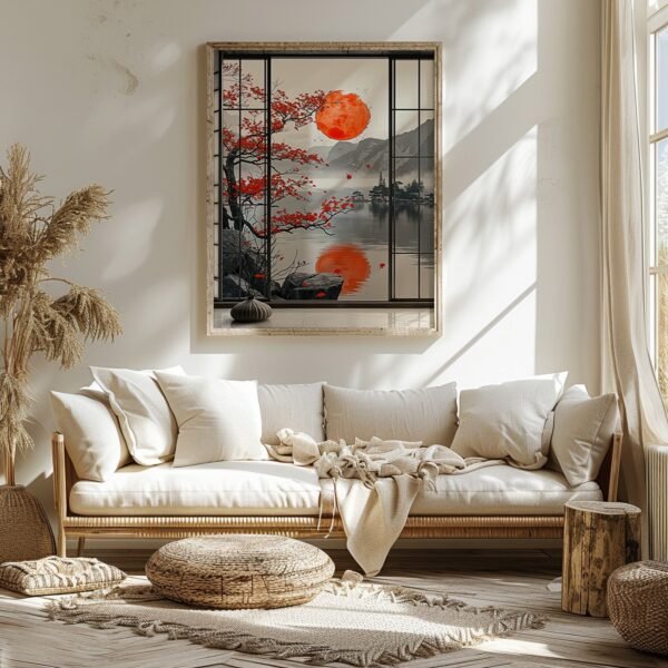 Cozy living room with a neutral sofa, textured ottoman, and large framed Japandi Autumn Art of a red sun, tree, and mountains. Sunlight from a large window enhances the tranquil ambiance.
