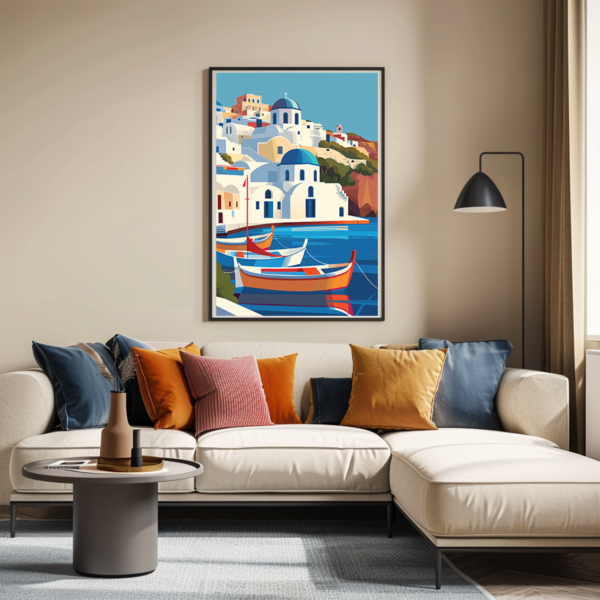 A single framed poster of colorful boats and whitewashed buildings in Santorini, Greece, hung above a cozy living room sofa. The room is styled with warm earth tones, creating a comfortable and inviting atmosphere.