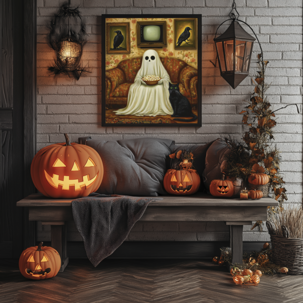 This Funny Ghost Art mockup features a ghost with a bowl of popcorn sitting on a floral couch. The scene is surrounded by Halloween decorations like pumpkins and candles, and warm lighting creates a playful and nostalgic atmosphere.