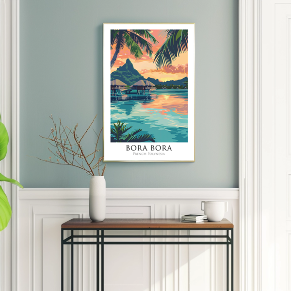 A gorgeous Bora Bora Travel Poster that transports you to the serene beauty of French Polynesia’s tropical islands.