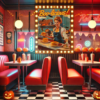 Retro Halloween Poster showcasing a 1950s-style diner. A playful pancake scene with pumpkin decor and festive autumn colors in reds, oranges, and browns creates a cheerful Halloween vibe.
