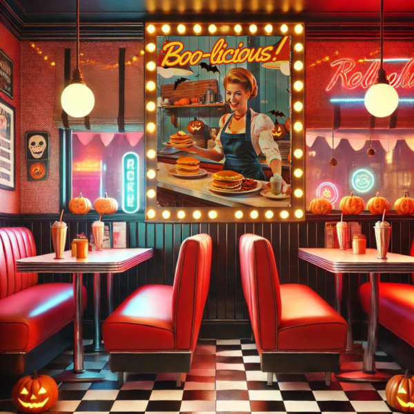 Retro Halloween Poster showcasing a 1950s-style diner. A playful pancake scene with pumpkin decor and festive autumn colors in reds, oranges, and browns creates a cheerful Halloween vibe.