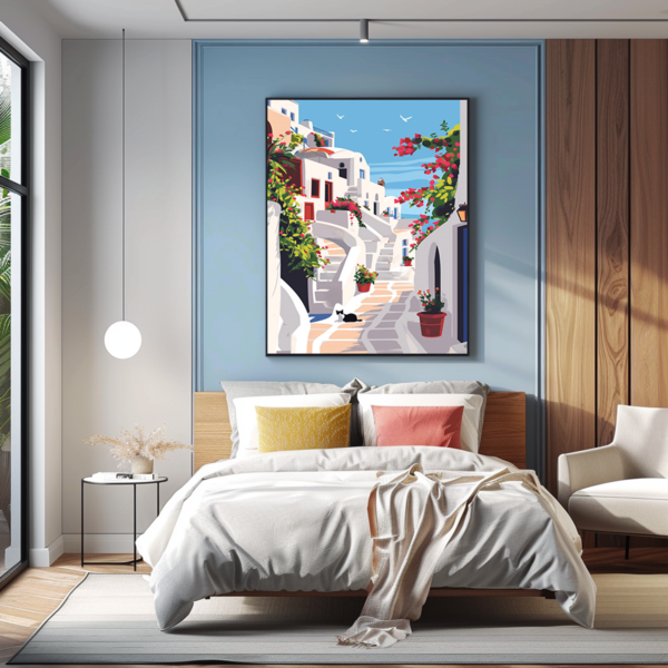 A set of three framed Santorini posters hanging above a stylish bedroom with a blue and beige color scheme. The posters depict the charming streets, vibrant boats, and scenic architecture of the Greek island, enhancing the room coastal vibe.