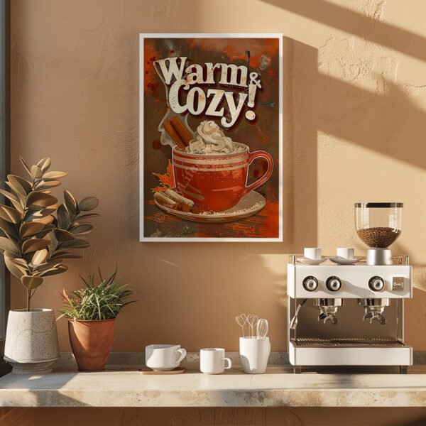 Warm-toned wall with a framed Retro Hot Chocolate Poster featuring a red mug of cocoa topped with whipped cream and cinnamon. Coffee machine and plants below.