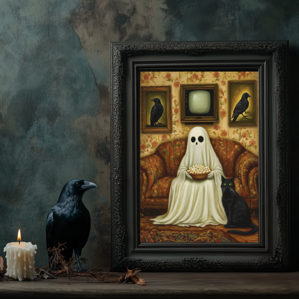 A cozy Halloween mockup shows a ghost sitting on a vintage couch with a bowl of popcorn and a black cat beside it. The warm lighting and retro décor create a playful yet spooky feel in this Funny Ghost Art.