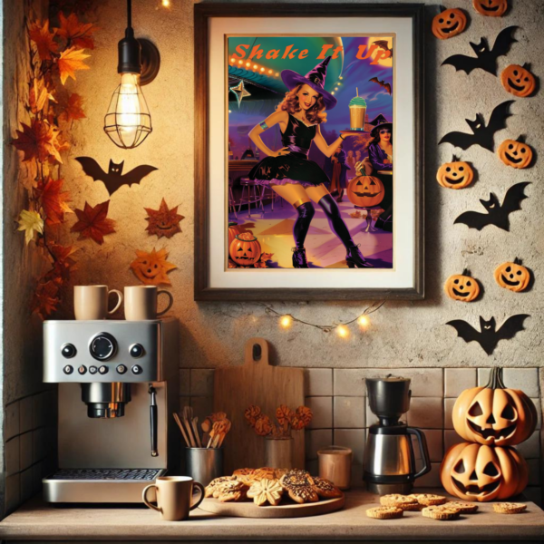 Retro Halloween decor, including pumpkin cookies, mini pumpkins, and bat cutouts, is framed in a coffee nook. Warm lights and earthy colors give the nook a cozy Halloween atmosphere.