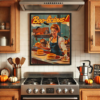 Retro Halloween Poster of a diner setting featuring pancakes and a festive "Boo-licious" caption. Warm autumn colors of brown, orange, and yellow enhance the nostalgic Halloween atmosphere.