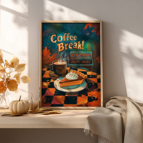 Autumn-themed Retro Pumpkin Pie Poster on a wooden shelf, showing “Coffee Break!” with steaming coffee, pie, jukebox, pumpkins, and leaves.