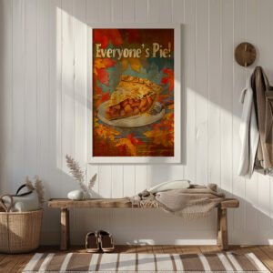 Framed Retro Apple Pie Kitchen Art poster with an apple pie slice and colorful fall leaves, displayed on a white paneled wall near rustic decor.