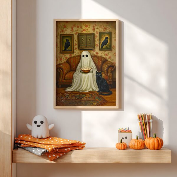 Framed Vintage Halloween Ghost Art of a ghost with popcorn and a black cat on a couch, set on a shelf with pumpkins, bats, and art supplies.