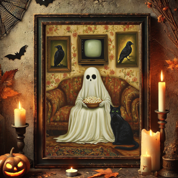 In this Funny Ghost Art, a ghost with popcorn sits on a floral couch with a black cat. The scene is decorated with vintage Halloween items like candles and pumpkins, creating a cozy, playful atmosphere.