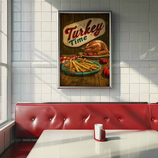 A Retro Turkey Diner Poster showing roasted turkey and fries hangs on a white tiled wall above a red diner booth with sunlight streaming in.