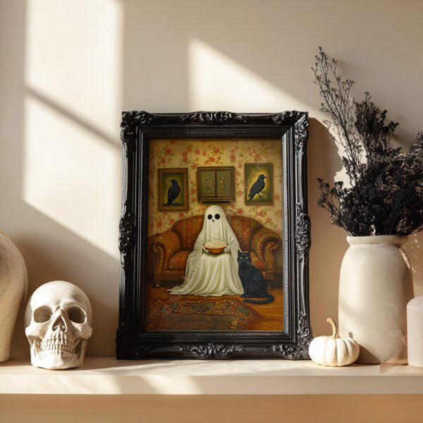 Framed Vintage Halloween Ghost Art of a ghost with popcorn and black cat on a sofa, styled with gothic décor including skull, dried flowers, and dark tones.