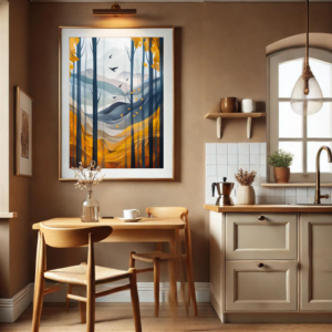 Aspen Autumn Wall Art in a Warm Kitchen Setting This is a warm, minimalist kitchen with light wood furniture and neutral decor. The Aspen Autumn Wall Art hangs on the wall, complementing the kitchen's earthy tones and creating a cozy atmosphere.