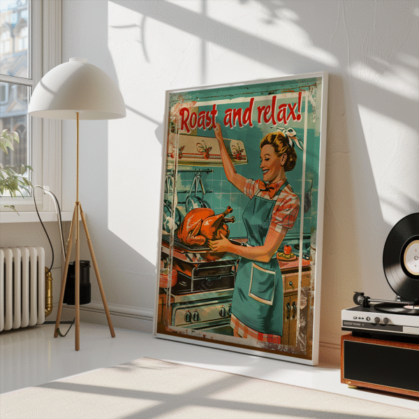 Retro Turkey Dinner Poster featuring a smiling woman in an apron cooking a turkey, with “Roast and relax!” in bold text. A stack of vinyl records adds to the retro vibe.