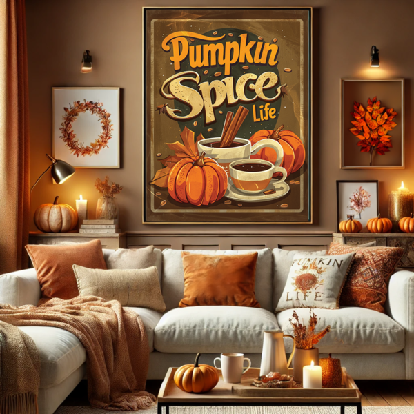 "Pumpkin Spice Life" poster as a focal point in a living room with warm orange and brown tones, surrounded by pumpkins and soft textures, adding a cozy autumn retro decor vibe.