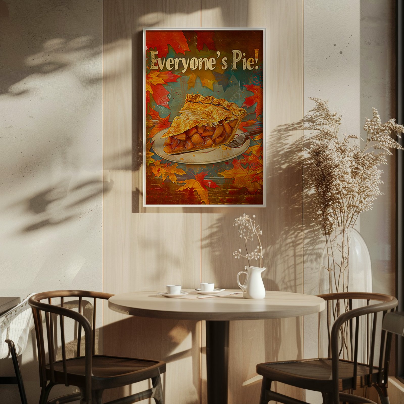 Cozy cafe with autumn accents featuring framed Retro Apple Pie Kitchen Art of a pie slice and leaves with “Everyone’s Pie!” caption.