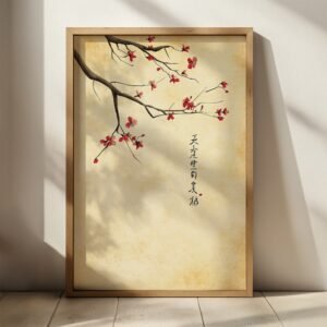 Framed artwork of blossoming red flowers on a branch with East Asian script, set against a light textured background.