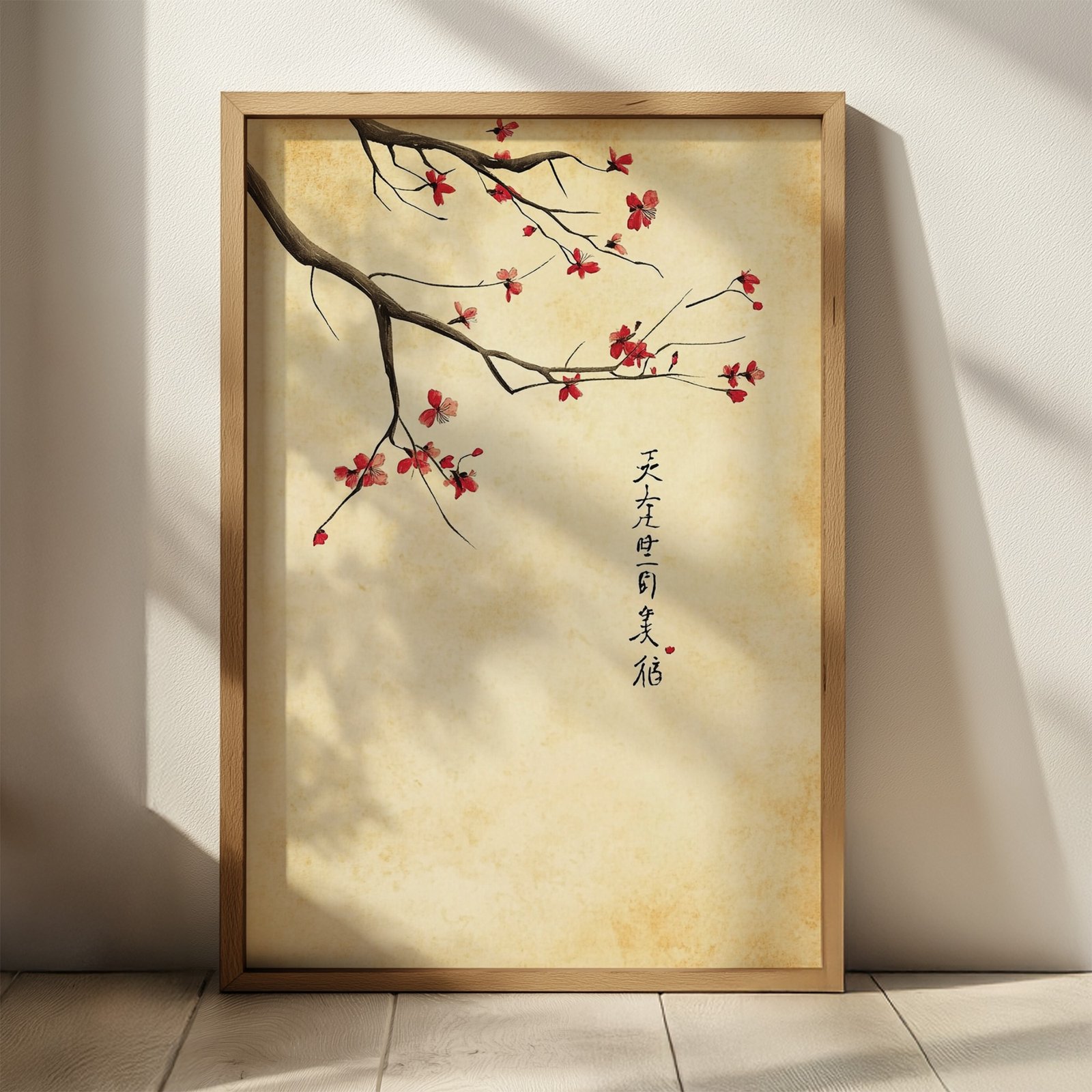 Framed artwork of blossoming red flowers on a branch with East Asian script, set against a light textured background.