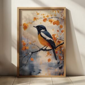 Framed Japandi Nature Art of a colorful bird perched on a branch with orange leaves, soft watercolor background creating a calming tone.
