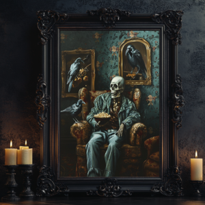 A dark gothic poster showing a skeleton holding popcorn, surrounded by ravens in a Victorian-style room. The artwork is framed in an intricate black frame, with dim candlelight adding to the eerie atmosphere. The wallpaper features muted greens and browns, creating a vintage, mysterious vibe