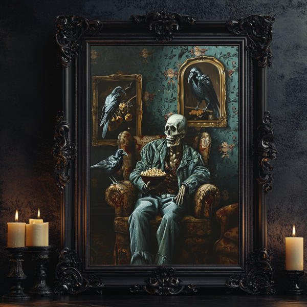 A dark gothic poster showing a skeleton holding popcorn, surrounded by ravens in a Victorian-style room. The artwork is framed in an intricate black frame, with dim candlelight adding to the eerie atmosphere. The wallpaper features muted greens and browns, creating a vintage, mysterious vibe