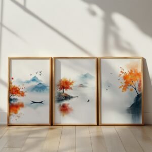 Three framed watercolor paintings of autumn landscapes with orange trees, misty mountains, flying birds, and calm reflective waters.