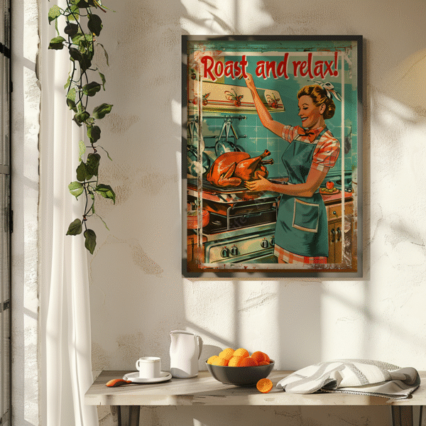 Retro Turkey Dinner Poster showing a woman in a retro apron holding a roasted turkey. Text reads “Roast and relax!” with a sunny table nearby holding oranges, a cup, and a pitcher.