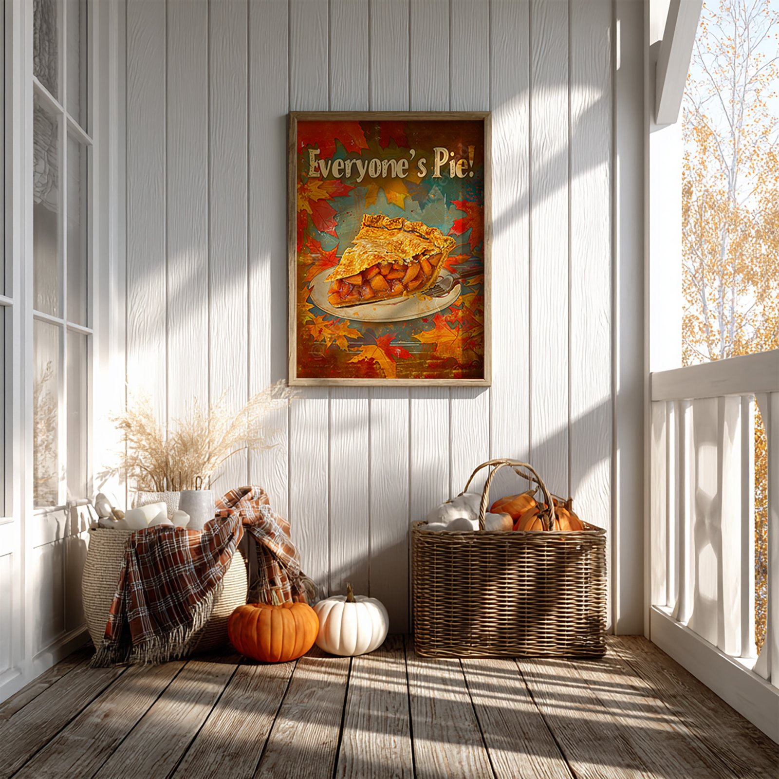 Outdoor autumn porch with pumpkins, plaid blanket, and wicker basket, featuring Retro Apple Pie Kitchen Art with a pie slice and leaves.