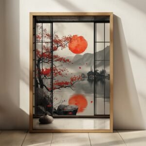 Japanese-style framed Japandi Autumn Art depicting a red sun, mountains, and a red-leaved tree mirrored on a calm lake, creating tranquility.