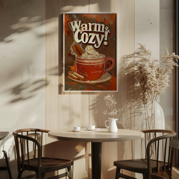 A framed Retro Hot Chocolate Poster with a steaming red cocoa cup, whipped cream, and cinnamon. Displayed above a sunlit café table with vase and cups.
