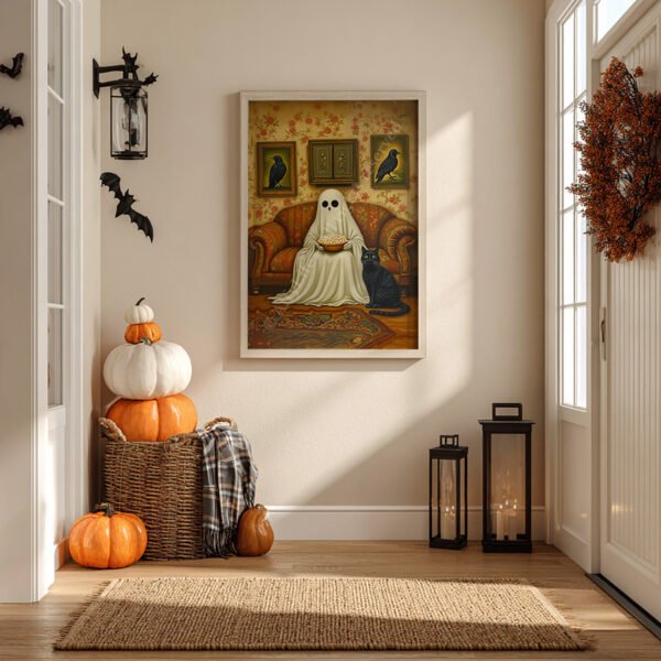 Autumn entryway with pumpkins, lanterns, and baskets, featuring framed Vintage Halloween Ghost Art of a ghost and cat on a sofa with popcorn.