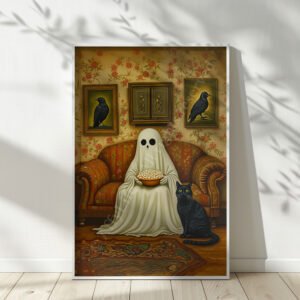 Whimsical Vintage Halloween Ghost Art featuring a ghost in a white sheet holding popcorn on a floral sofa, with a black cat by its side. Raven paintings decorate the floral wallpaper.