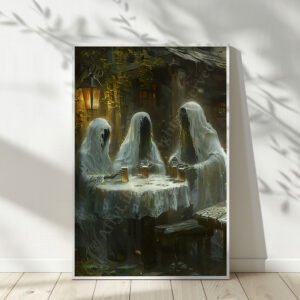 Framed Funny Halloween Ghost Art of three ghostly figures draped in white sheets sitting around a table with drinks, illuminated by a warm lantern glow in an eerie yet calm setting.