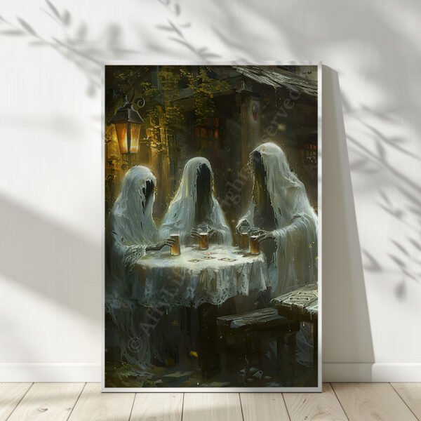 Framed Funny Halloween Ghost Art of three ghostly figures draped in white sheets sitting around a table with drinks, illuminated by a warm lantern glow in an eerie yet calm setting.