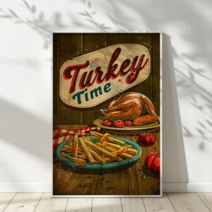 A Retro Turkey Diner Poster features bold text “Turkey Time” with a roasted turkey, fries, and tomatoes on a wooden table, illustrated in warm tones.