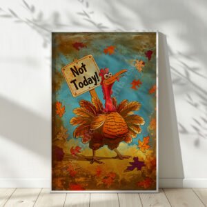 Cartoon-style Funny Retro Turkey Poster of a turkey holding a "Not Today!" sign against a colorful autumn background with falling leaves.