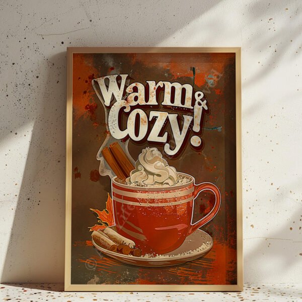 Framed Retro Hot Chocolate Poster featuring a red mug of whipped cream-topped cocoa with cinnamon sticks and fall leaves, captioned "Warm & Cozy!".