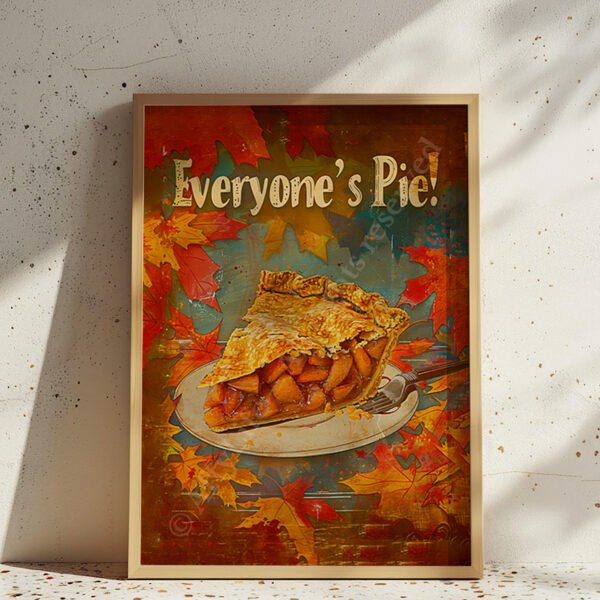 Framed Retro Apple Pie Kitchen Art featuring a golden slice of apple pie on a plate, surrounded by colorful autumn leaves with the text “Everyone’s Pie!”.