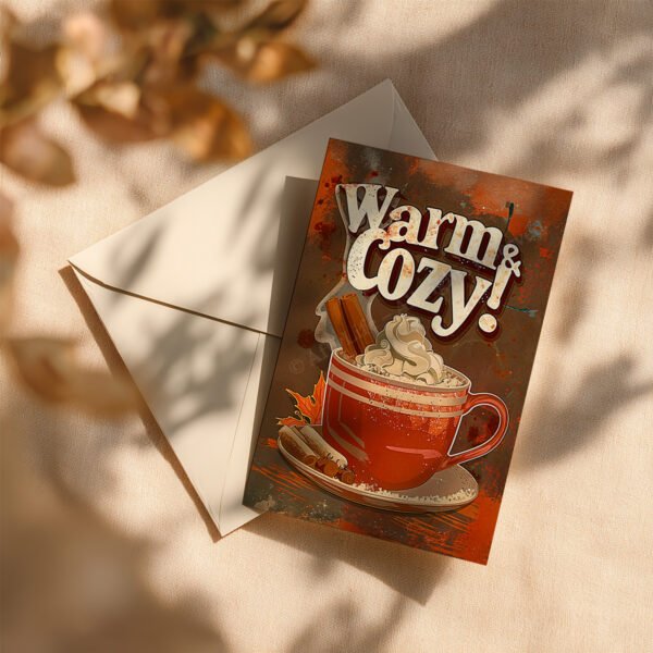 Greeting card featuring a Retro Hot Chocolate Poster design with "Warm & Cozy!" text above a red mug topped with whipped cream and cinnamon sticks.