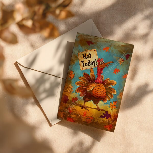 A whimsical greeting card featuring a cartoon turkey holding a “Not Today!” sign, surrounded by autumn leaves against a vibrant sky. The card rests on a beige envelope, capturing a playful and festive mood.